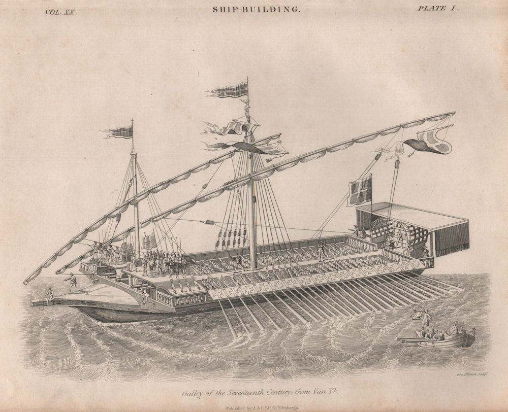 Ship-Building. Galley of the seventeenth century, from Van Eyck. BRITANNICA 1860